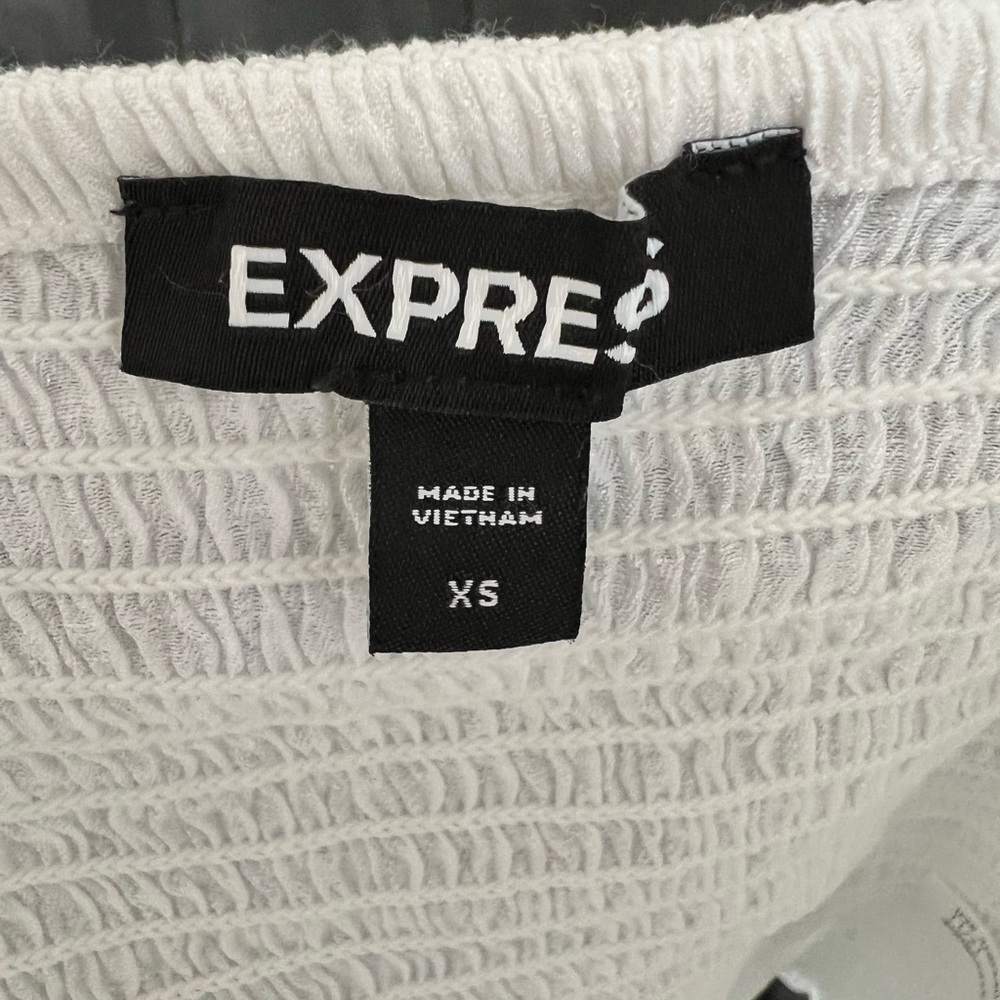 Express puff sleeve bow tie white stretch cropped viscose  top - Picture 5 of 6